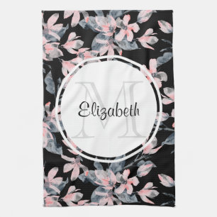 Pink & Grey Floral Watercolor Pattern Monogram Tea Towel
