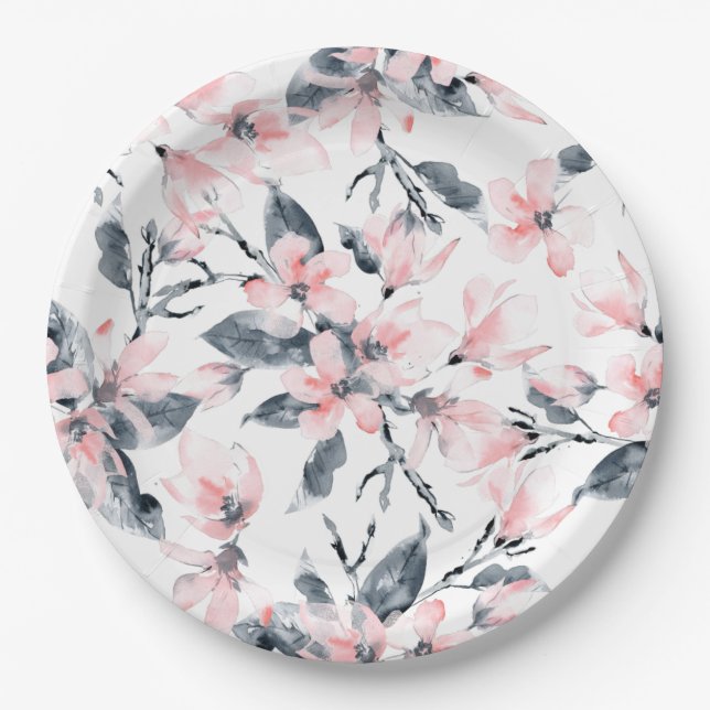 Pink & Grey Floral Watercolor Pattern Paper Plate (Front)