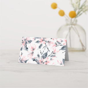 Pink & Grey Floral Watercolor Pattern Place Card