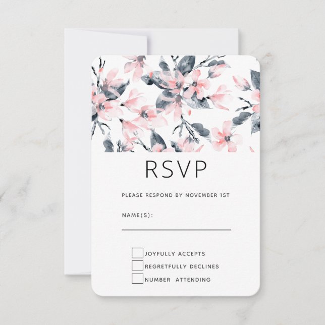 Pink & Grey Floral Watercolor Pattern RSVP Card (Front)
