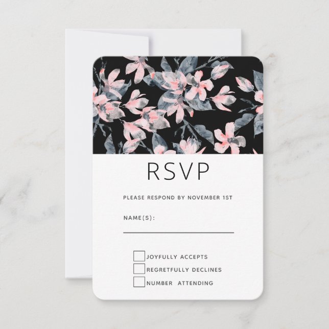 Pink & Grey Floral Watercolor Pattern RSVP Card (Front)