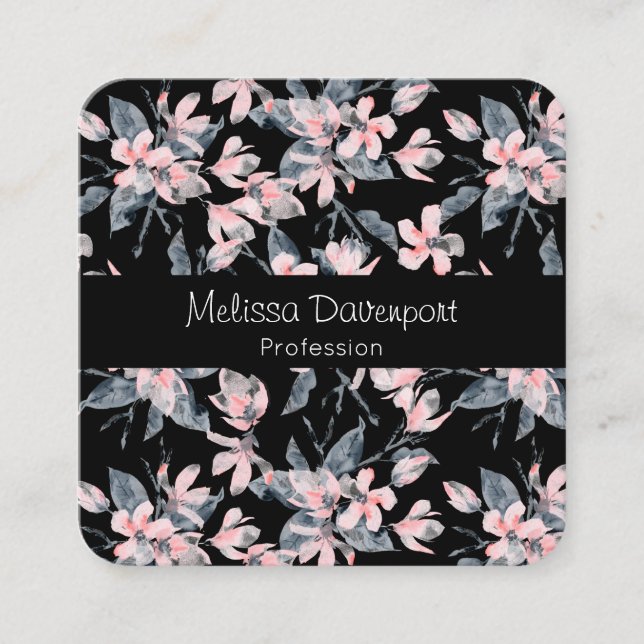 Pink & Grey Floral Watercolor Pattern Square Business Card (Front)