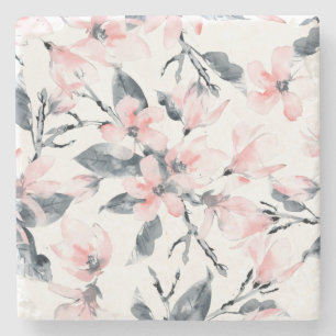 Pink & Grey Floral Watercolor Pattern Stone Coaster