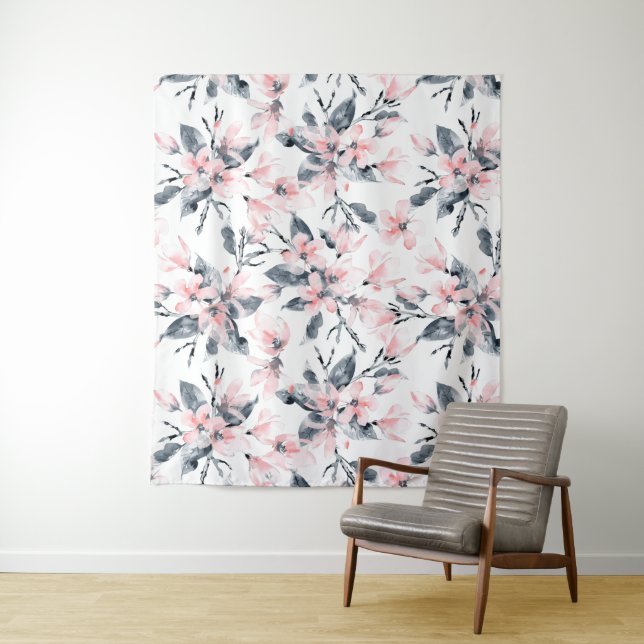 Pink & Grey Floral Watercolor Pattern Tapestry (In Situ)