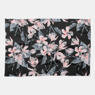 Pink & Grey Floral Watercolor Pattern Tea Towel