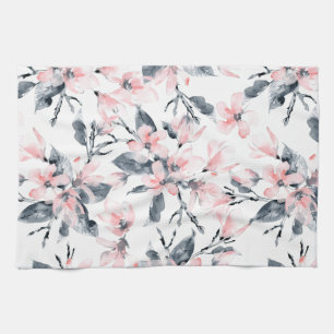 Pink & Grey Floral Watercolor Pattern Tea Towel