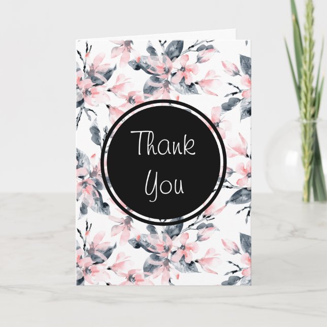 Pink & Grey Floral Watercolor Pattern Thank You Card (Front)