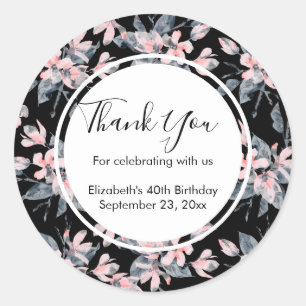 Pink & Grey Floral Watercolor Pattern Thank You Classic Round Sticker