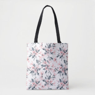 Pink & Grey Floral Watercolor Pattern Tote Bag