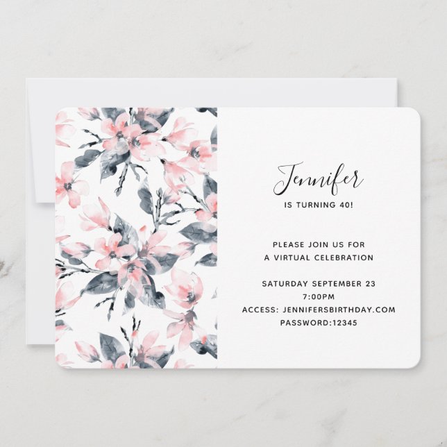 Pink & Grey Floral Watercolor Pattern Virtual Invitation (Front)