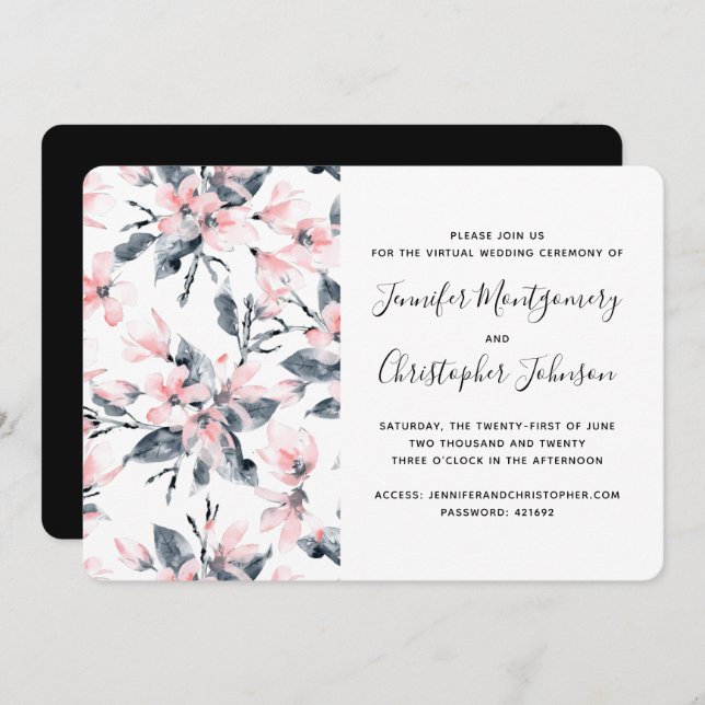 Pink & Grey Floral Watercolor Pattern Virtual Invitation (Front/Back)