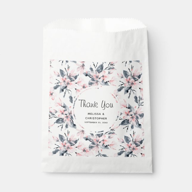 Pink & Grey Floral Watercolor Pattern Wedding Favour Bags (Front)