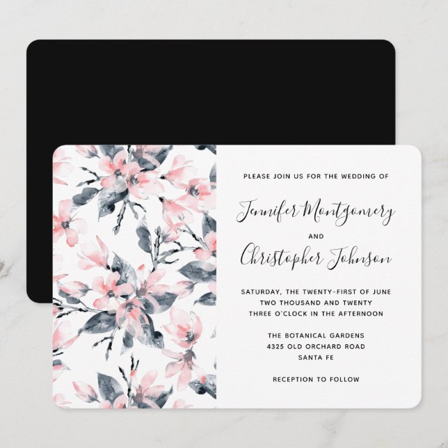 Pink & Grey Floral Watercolor Pattern Wedding Invitation (Front/Back)