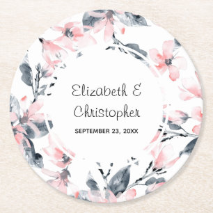 Pink & Grey Floral Watercolor Pattern Wedding Round Paper Coaster