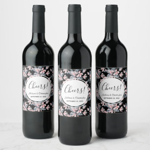 Pink & Grey Floral Watercolor Pattern Wedding Wine Label