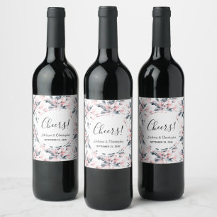 Pink & Grey Floral Watercolor Pattern Wedding Wine Label
