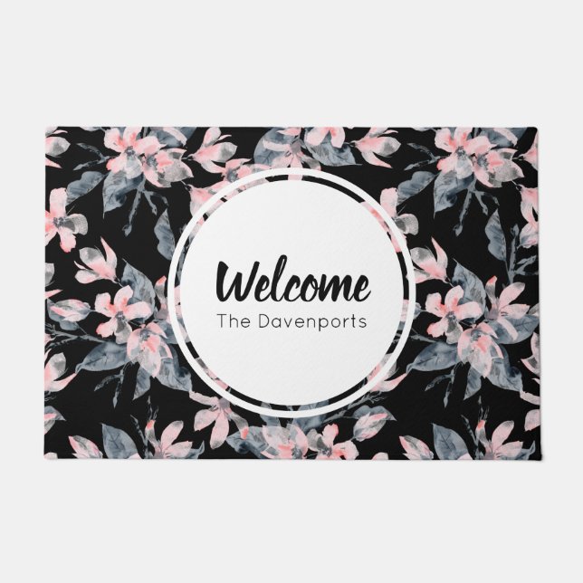 Pink & Grey Floral Watercolor Pattern Welcome Doormat (Front)