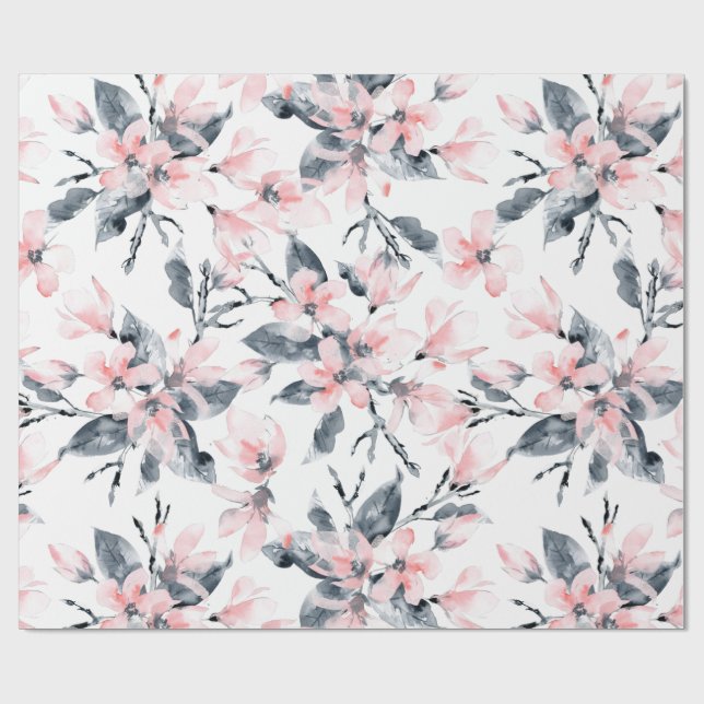 Pink & Grey Floral Watercolor Pattern Wrapping Paper (Flat)