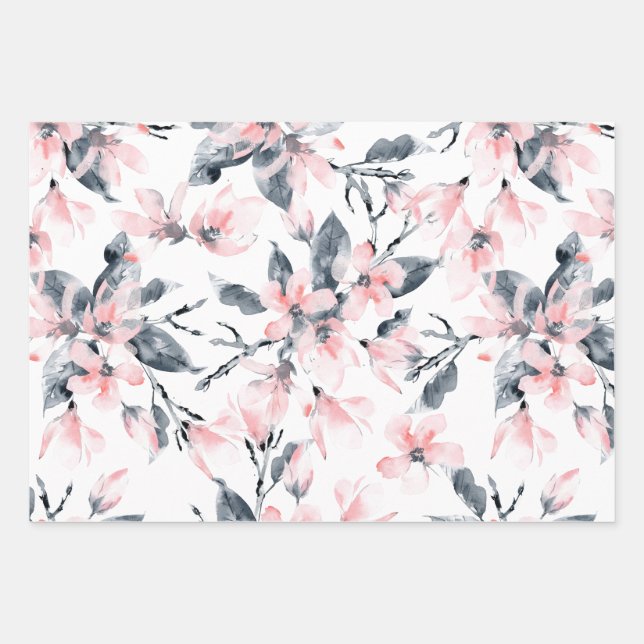 Pink & Grey Floral Watercolor Pattern Wrapping Paper Sheet (Front)