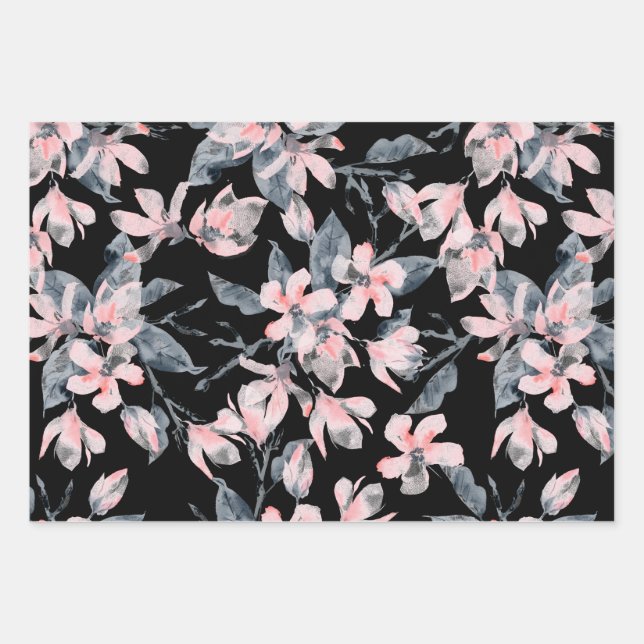Pink & Grey Floral Watercolor Pattern Wrapping Paper Sheet (Front)