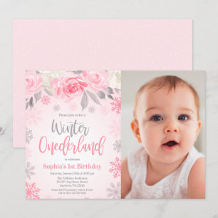 Pink Grey Floral Winter ONEderland Birthday Photo Invitation