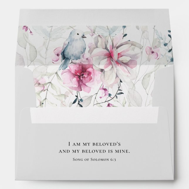 Pink Grey Floral with Dove Christian Bible Wedding Envelope (Back (Bottom))
