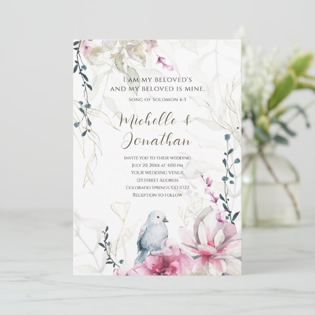 Pink Grey Floral with Dove Christian Bible Wedding Invitation (Standing Front)