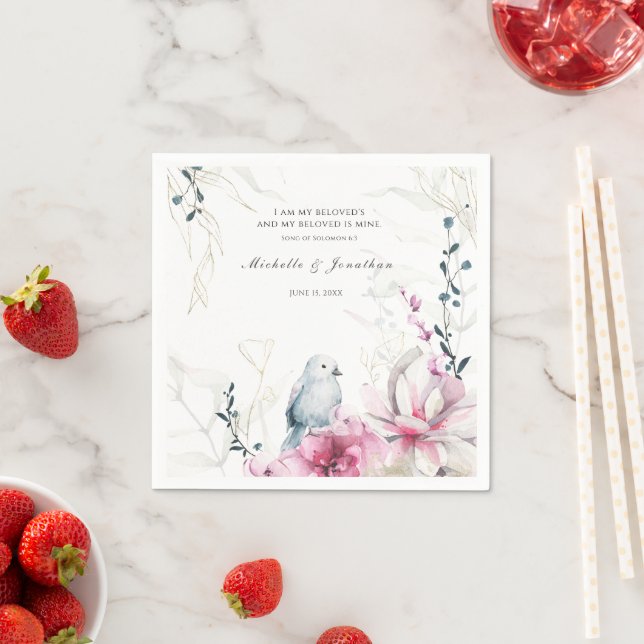 Pink Grey Floral with Dove Christian Bible Wedding Napkin (Insitu)