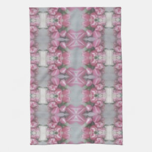 Pink Grey Flower Tulip Mirror Pattern Cross Square Tea Towel
