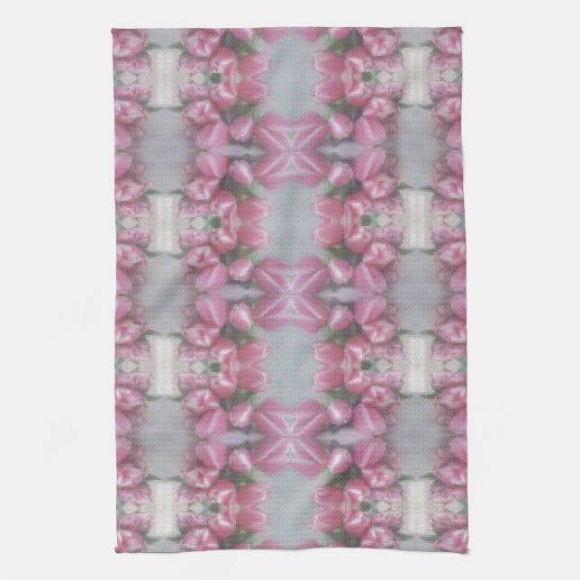 Pink Grey Flower Tulip Mirror Pattern Cross Square Tea Towel (Vertical)