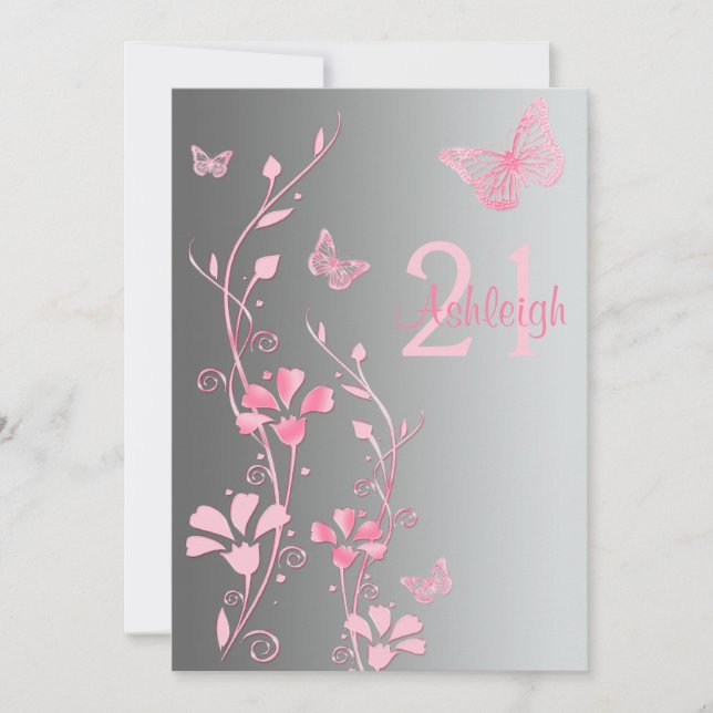 Pink, Grey Flowers & Butterflies 21st Invitation (Front)