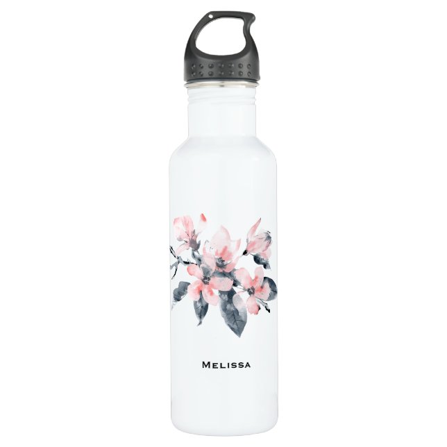 Pink & Grey Flowers Classy Watercolor 710 Ml Water Bottle (Front)