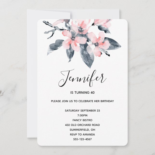 Pink & Grey Flowers Classy Watercolor Birthday Invitation (Front)
