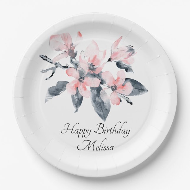 Pink & Grey Flowers Classy Watercolor Birthday Paper Plate (Front)