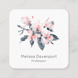 Pink & Grey Flowers Classy Watercolor Botanical Square Business Card