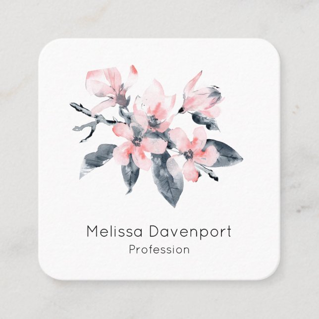 Pink & Grey Flowers Classy Watercolor Botanical Square Business Card (Front)