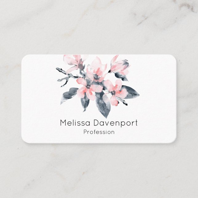 Pink & Grey Flowers Classy Watercolor Business Card (Front)