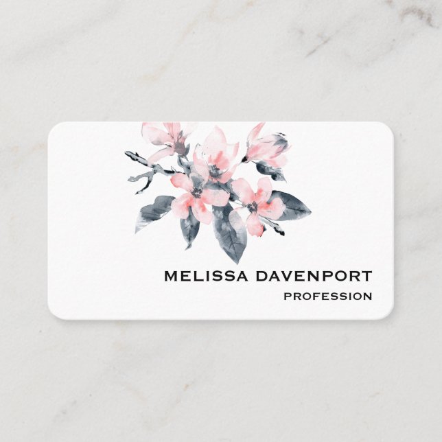Pink & Grey Flowers Classy Watercolor Business Card (Front)