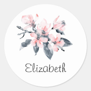 Pink & Grey Flowers Classy Watercolor Classic Round Sticker