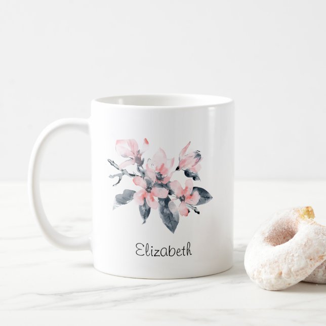 Pink & Grey Flowers Classy Watercolor Coffee Mug (With Donut)