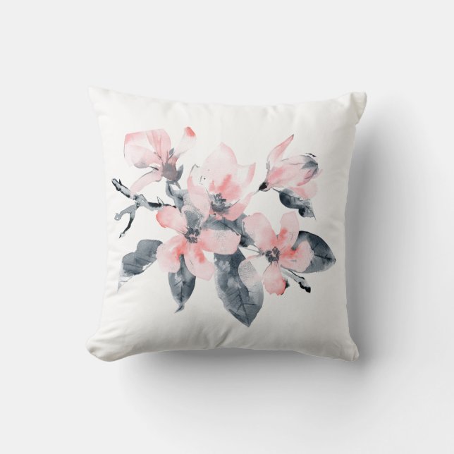 Pink & Grey Flowers Classy Watercolor Cushion (Front)