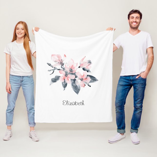 Pink & Grey Flowers Classy Watercolor Fleece Blanket (In Situ)