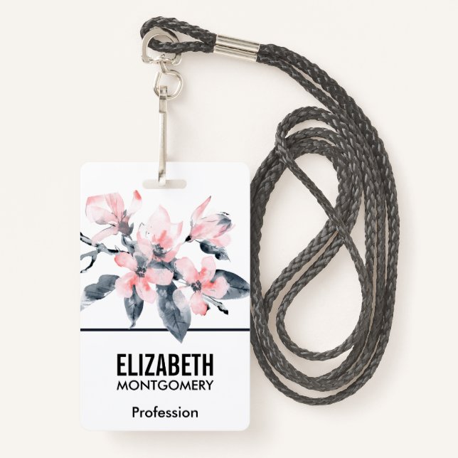 Pink & Grey Flowers Classy Watercolor ID Badge (Front with Lanyard)