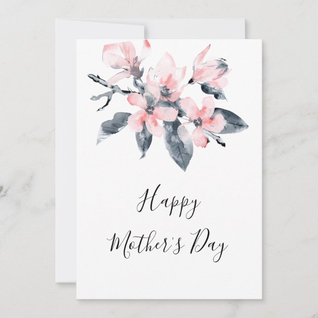 Pink & Grey Flowers Classy Watercolor Mother's Day Holiday Card (Front)