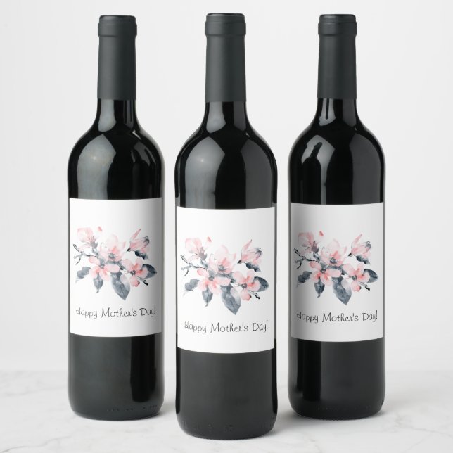 Pink & Grey Flowers Classy Watercolor Mother's Day Wine Label (Bottles)