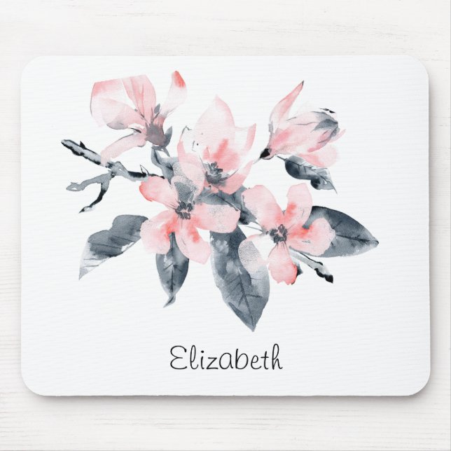 Pink & Grey Flowers Classy Watercolor Mouse Mat (Front)