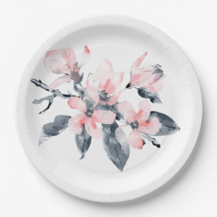 Pink & Grey Flowers Classy Watercolor Paper Plate