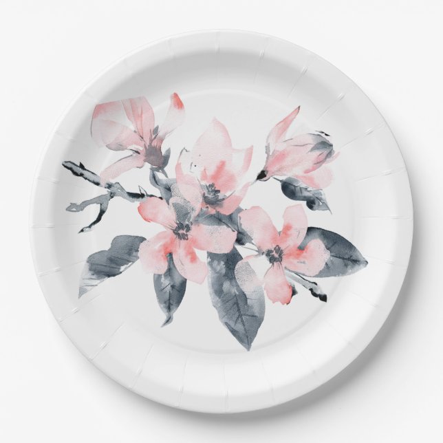 Pink & Grey Flowers Classy Watercolor Paper Plate (Front)