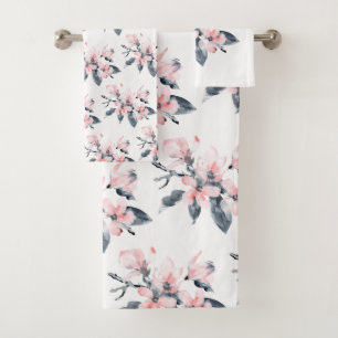 Pink & Grey Flowers Classy Watercolor Pattern Bath Towel Set