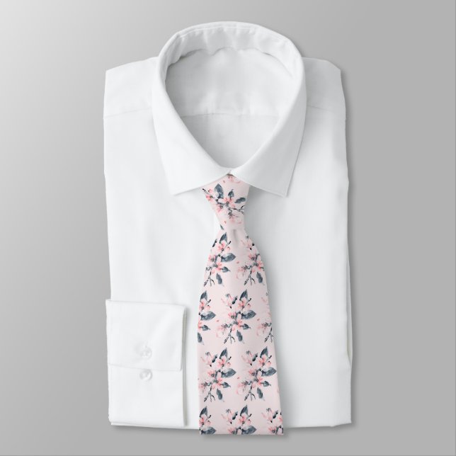 Pink & Grey Flowers Classy Watercolor Pattern Tie (Tied)